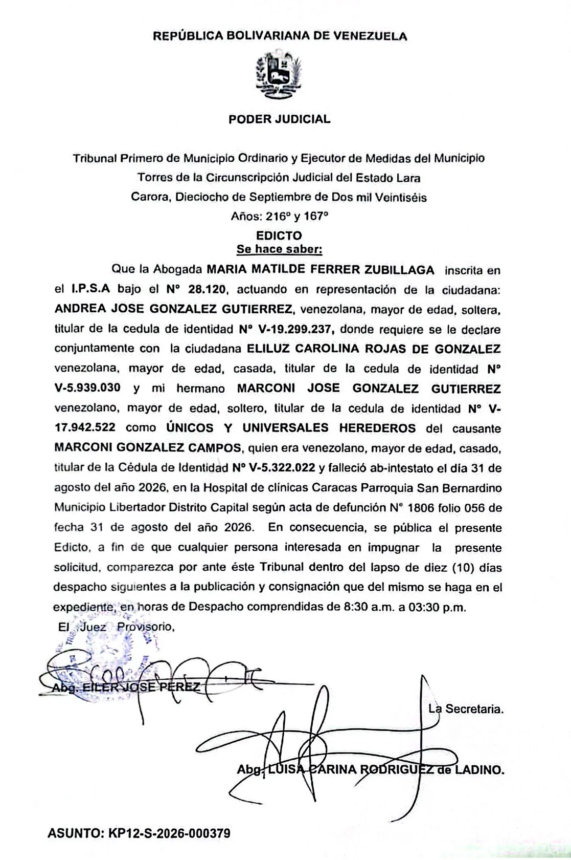 Edicto – Solicitud de Declaración de Únicos y Universales Herederos del causante Marconi González Campos, cédula de identidad V-5.322.022, presentado por la ciudanda Andrea José González Gutiérrez, asunto: KP12-S-2026-000379