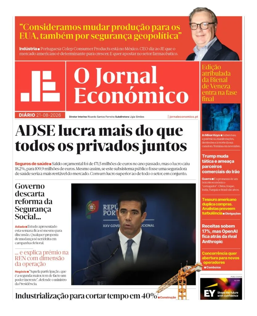 A primeira página do Jornal Económico de 21 de agosto