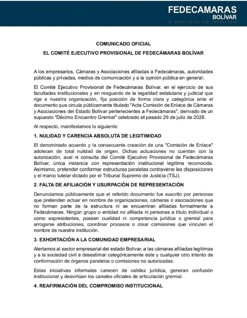 Fedecámaras Bolívar declara la nulidad absoluta de la supuesta “Comisión de Enlace”