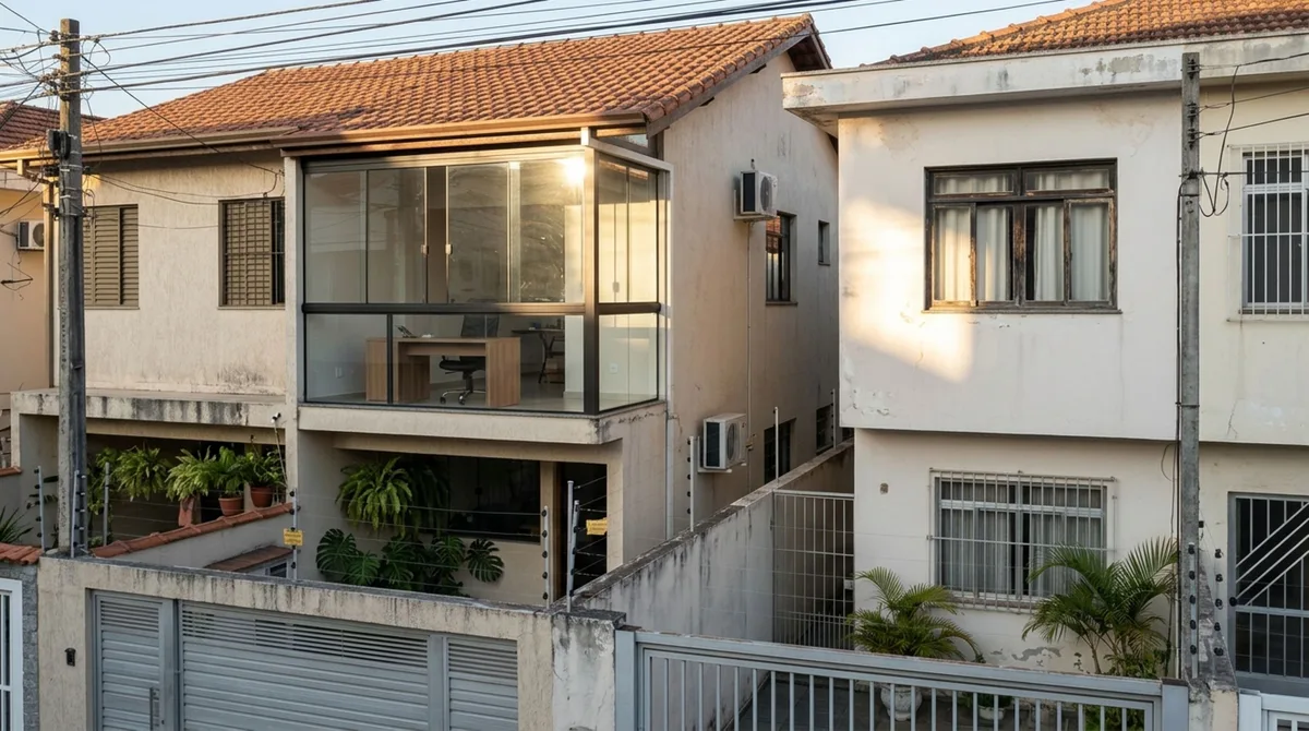 Proprietário fecha a varanda com paredes de vidro para criar um escritório e vizinha percebe que o reflexo do sol passa a atingir diretamente sua janela durante as tardes