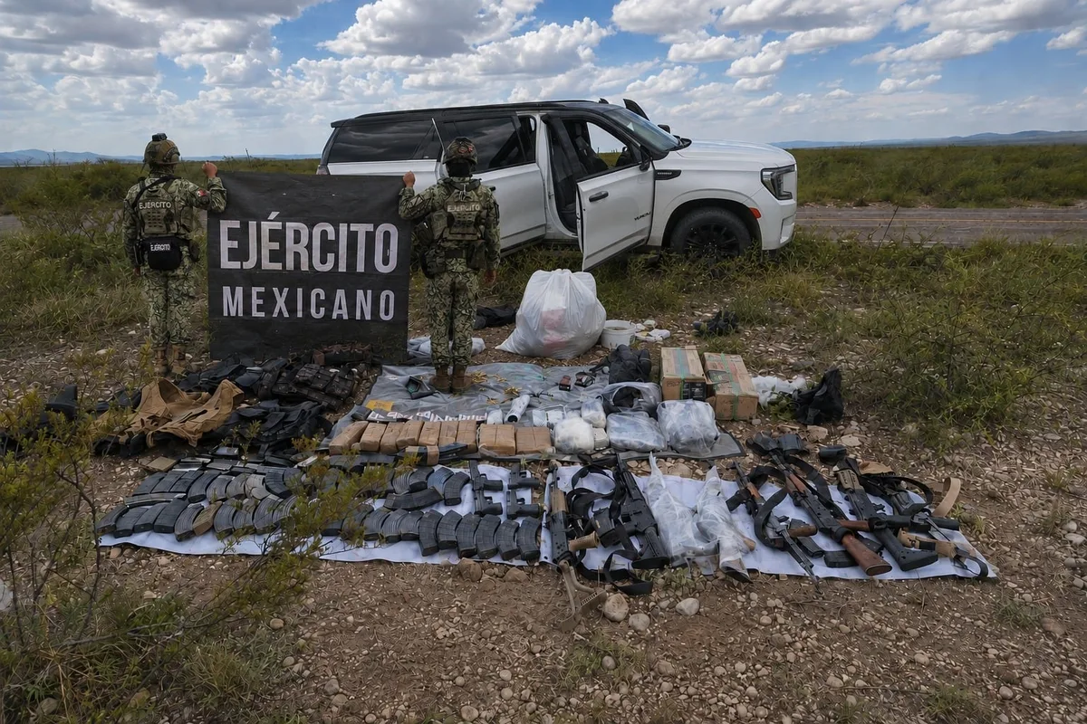Detienen a cuatro personas con un arsenal, más de 4 mil cartuchos y droga en Mapimí, Durango