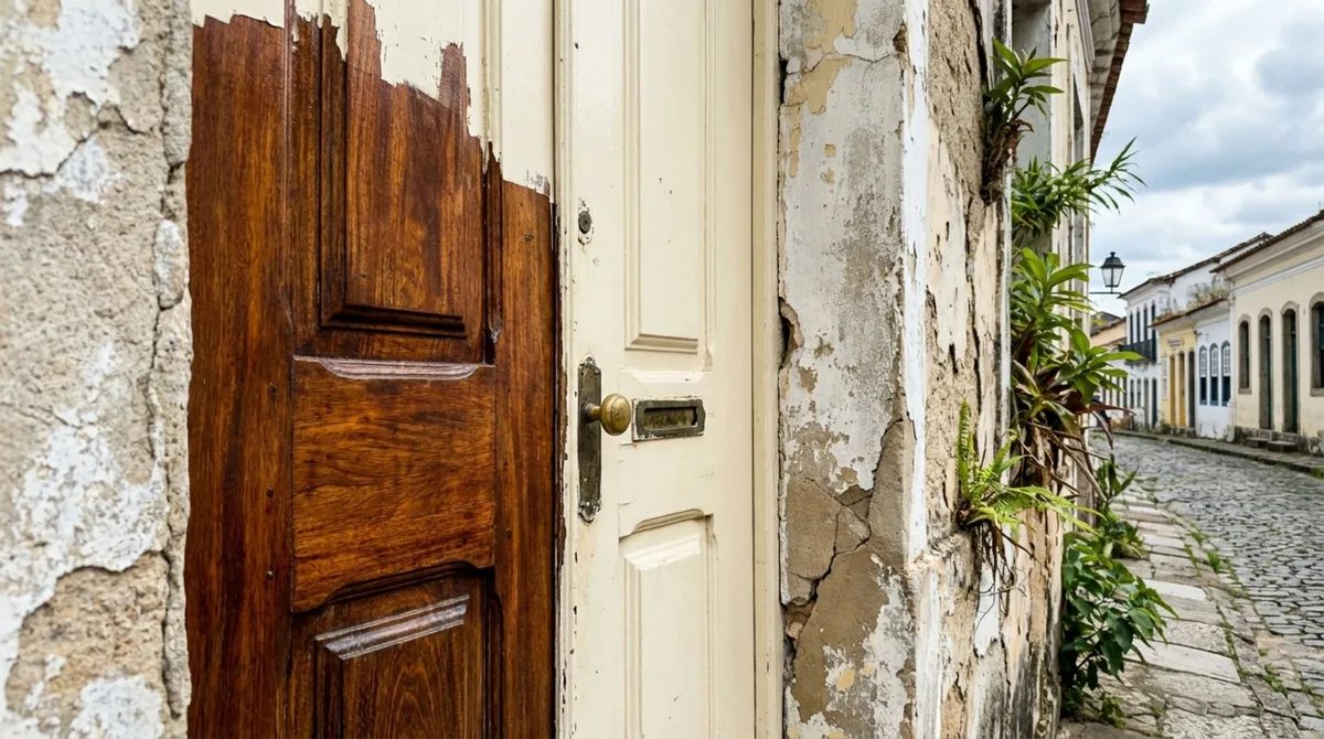 Família contrata reforma durante uma viagem e, ao voltar, descobre que a porta de madeira original dos anos 50 foi pintada, apesar de ter pedido apenas restauração