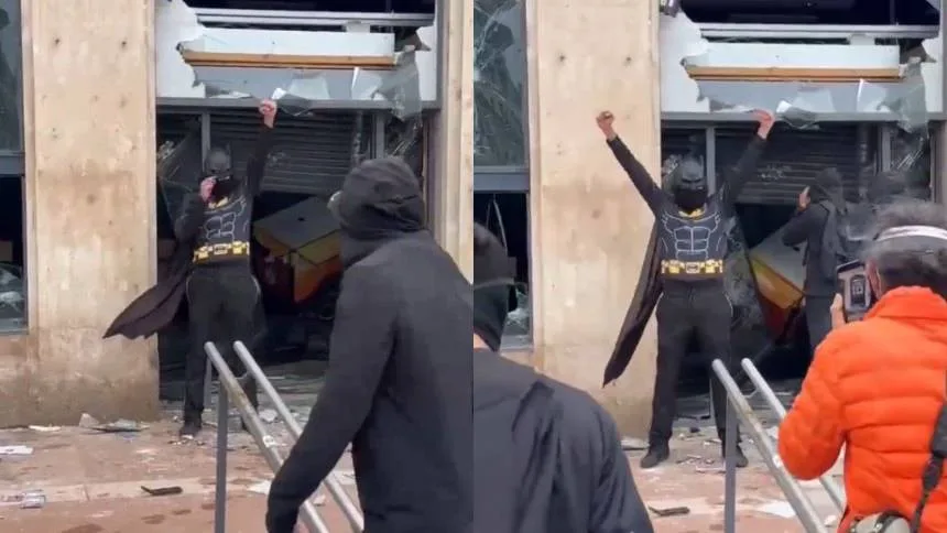 VIRAL: ‘Batman’ salió de edificio gubernamental vandalizado durante las protestas de este 17-Oct en Francia