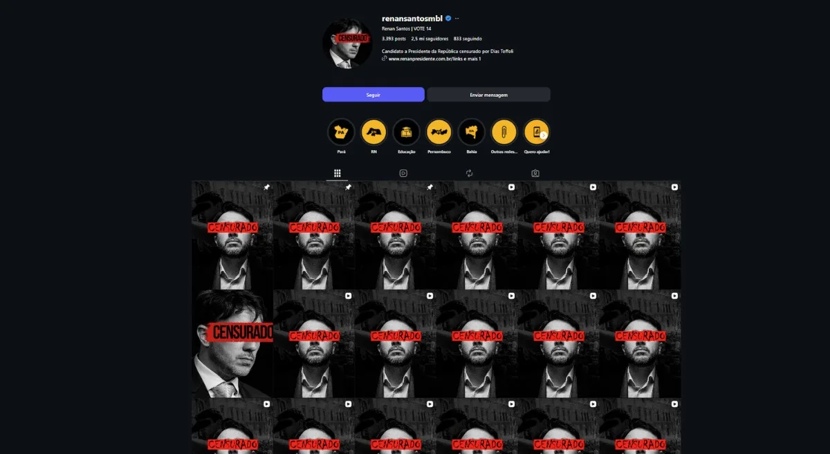Redes sociais de Renan Santos voltam ao ar após Toffoli liberar campanha digital