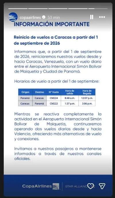 Copa Airlines retomará vuelos a través de Maiquetía el #1Sep