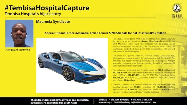 Special Tribunal authorises sale of Maumela’s R9.5m Ferrari