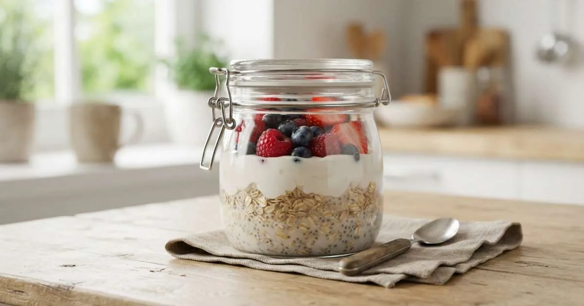Aveia, iogurte grego e chia no mesmo pote: esse café da manhã fica pronto na geladeira durante a noite e reúne proteína, cálcio e fibras sem precisar ligar o fogão