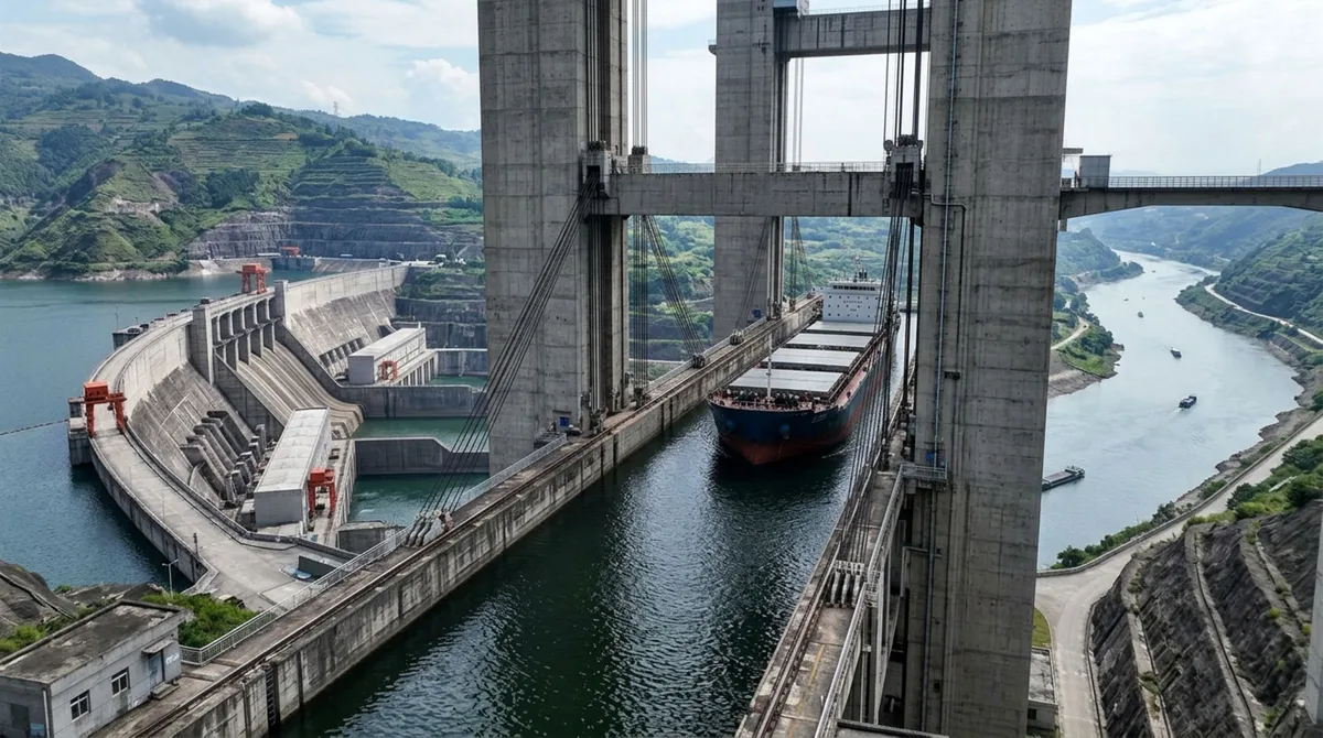 Às margens de outro grande rio chinês, uma estrutura com cerca de 1,5 quilômetro de extensão consegue elevar navios cargueiros por mais de 114 metros e completar toda a passagem em aproximadamente 32 minutos