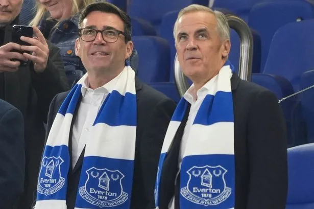 Andy Burnham watches Everton with Canadian leader Mark Carney who also lost his dad to Alzheimer's
