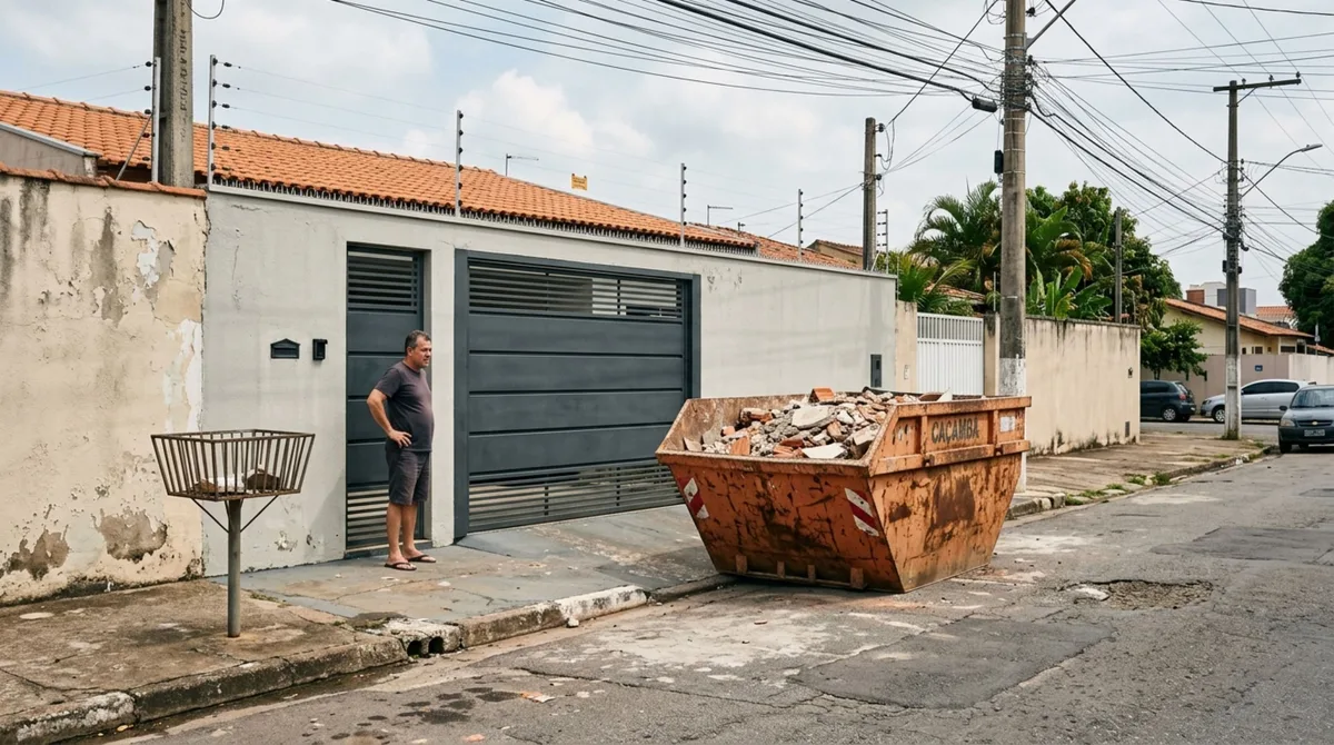 Homem aluga uma caçamba para retirar entulho da reforma, equipamento é colocado diante da garagem do vizinho durante três dias e proprietário exige indenização, mas recibo da empresa mostra que o local indicado para instalação era outro