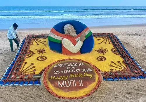 Artist creates sand artwork for Prime Minister Narendra Modi’s 76th birthday