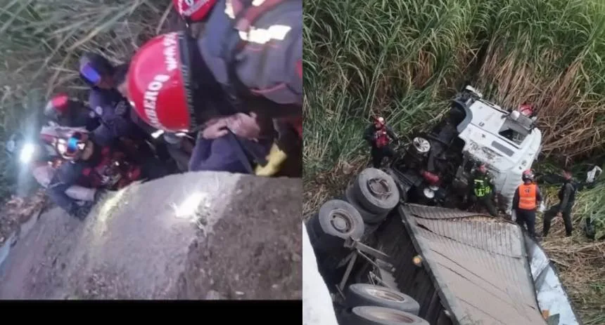 Aparatoso accidente en la bajada de Tazón: Camión de carga cayó al vacío en la ARC tras chocar contra otro vehículo