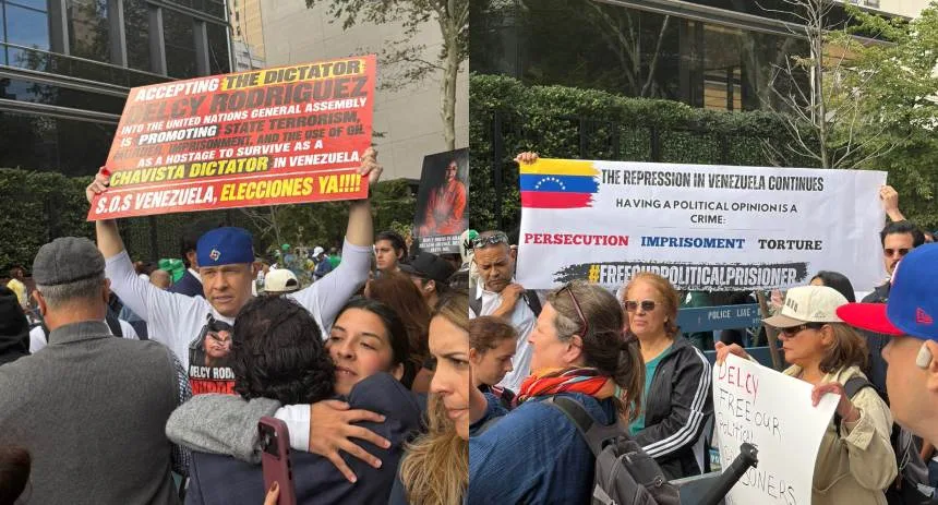 EN VIDEO: Venezolanos en Nueva York protestaron por la visita de Delcy Rodríguez a la ONU y exigieron elecciones