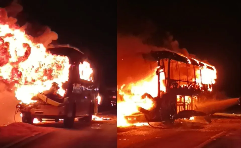 Novas imagens! Bombeiros de folga estavam no ônibus que pegou fogo na BR-376 e ajudam no resgate dos passageiros; assista