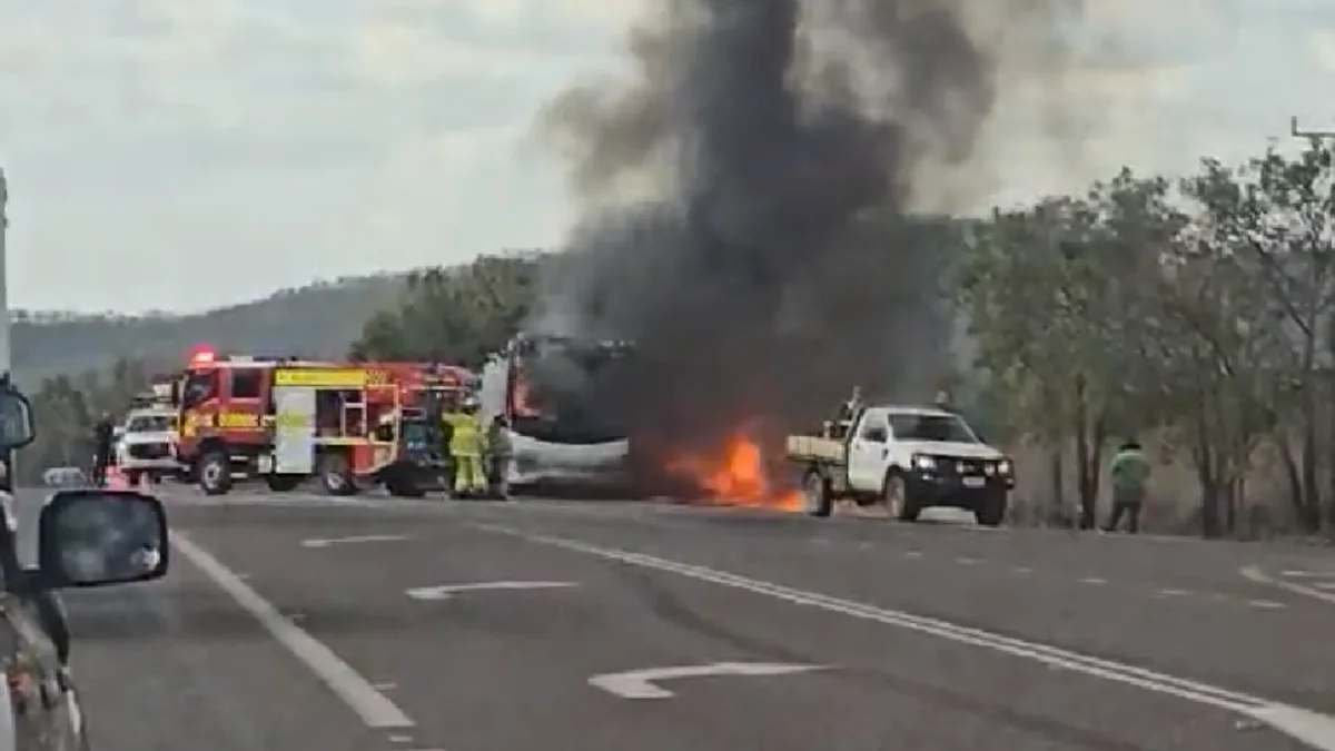 Bus carrying students from NSW bursts into flames along Stuart Hwy in the NT