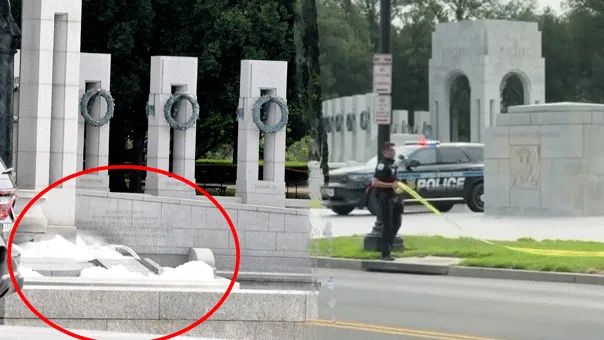 World War II Memorial on National Mall vandalized with pink spray paint, fountain overflowing with bubbles