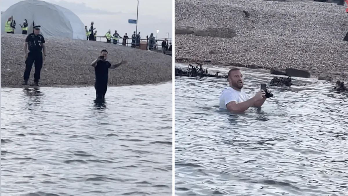 Moment protesters wade into sea as rescued migrants arrive in Portsmouth