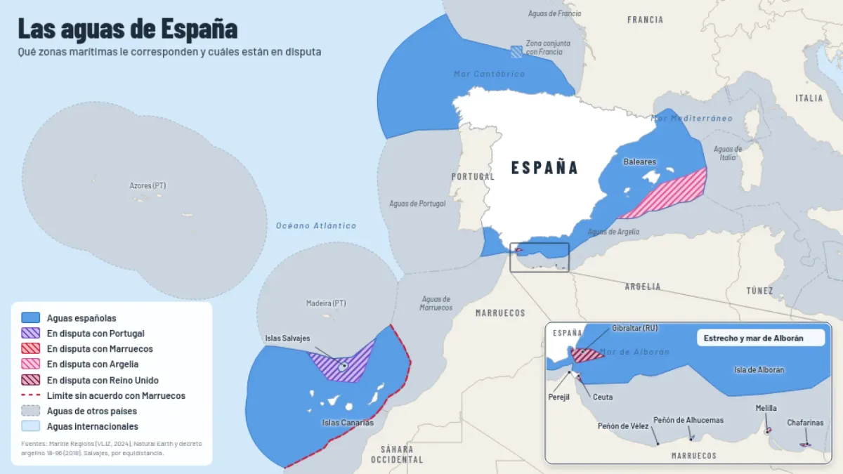El mapa de las aguas territoriales españolas y los puntos que generan disputa