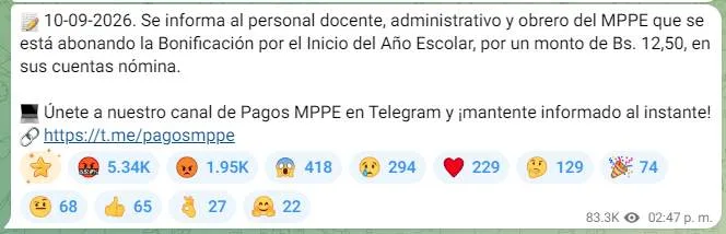 «Bs 12,50» es el bono de «Inicio del Año Escolar» que paga el MinEducación a docentes, personal administrativo y obrero