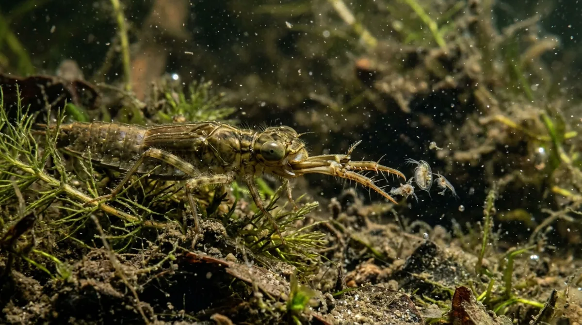 Aparentemente imóvel no fundo de rios e lagos, uma larva aquática possui uma estrutura bucal articulada que se projeta para a frente em alta velocidade e captura outros animais antes que eles percebam a aproximação do predador