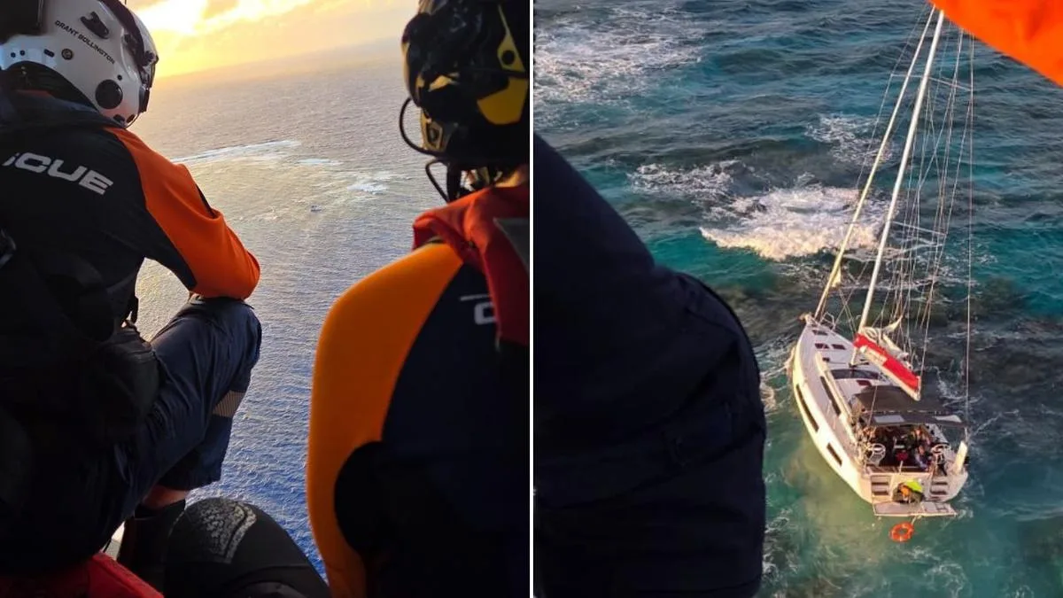 Family of four winched to safety after yacht runs aground on remote reef in high-risk rescue