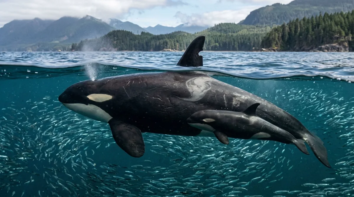 Depois de reconhecer por três verões a mesma orca por um entalhe na nadadeira dorsal, comandante de balsa passa a avisar a tripulação quando ela surge perto da rota, até que numa manhã o animal aparece acompanhado de um filhote e o barco reduz a velocidade durante toda a travessia