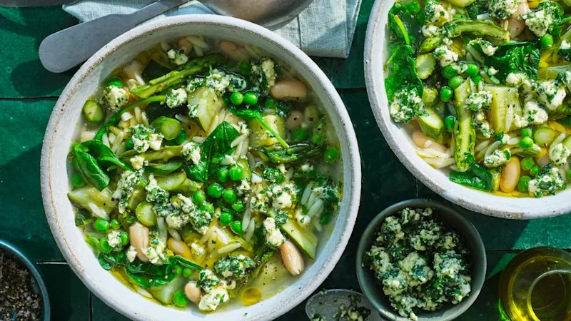 Spring vegetable soup with orzo and cannellini beans