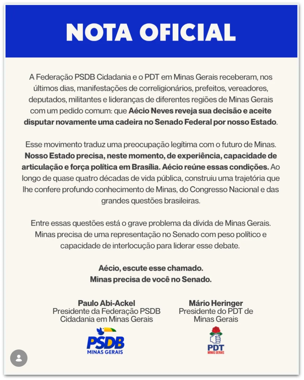 PSDB, Cidadania e PDT pedem que Aécio Neves dispute o Senado