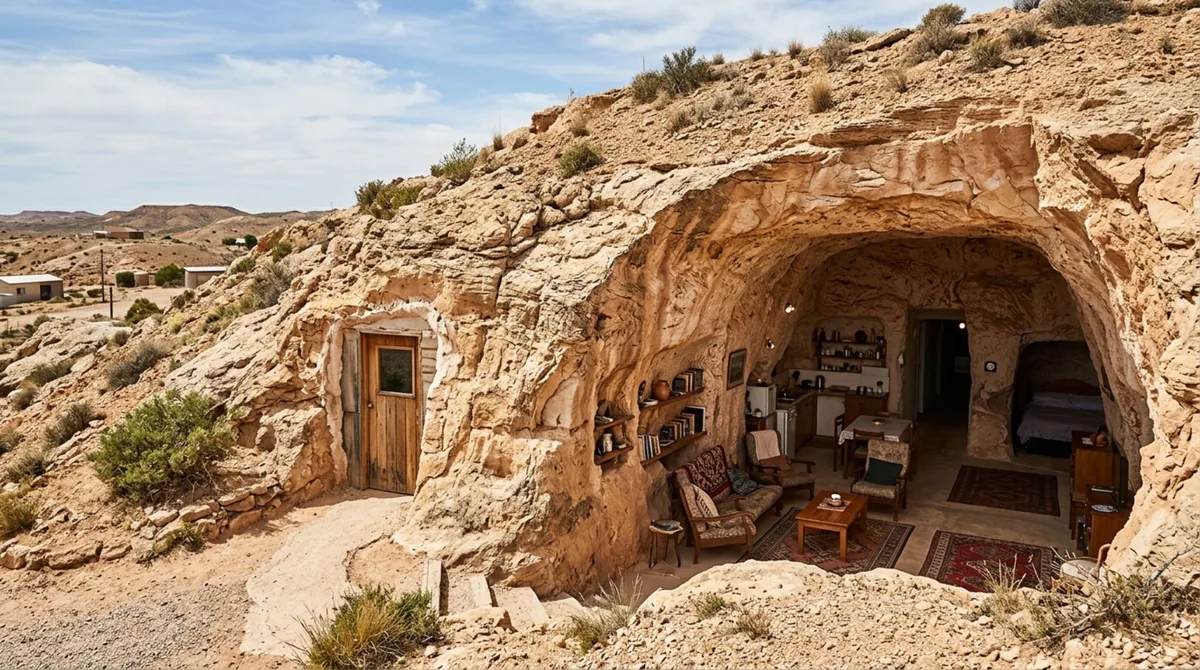 Moradores de uma cidade australiana escavam casas dentro da rocha porque o deserto esquenta demais na superfície, enquanto o subsolo mantém muitos ambientes perto de 23 a 25 °C durante o ano