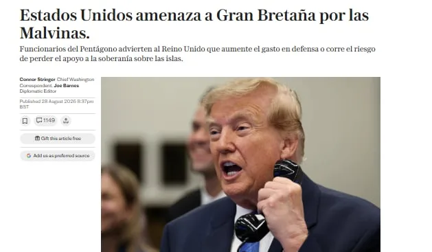 Según The Telegraph, Estados Unidos amenazó con rechazar la posición británica sobre Malvinas