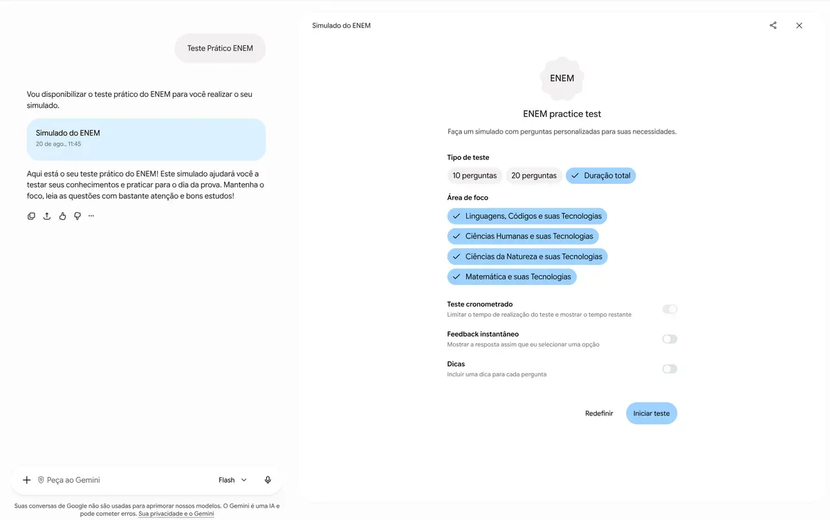 Vai fazer o Enem? Gemini agora aplica simulados e mostra quais matérias você precisa revisar; veja como acessar
