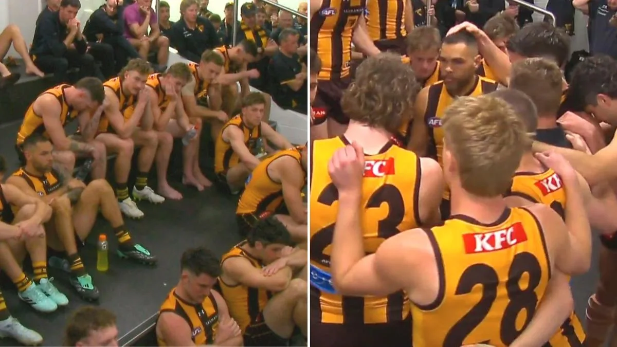 Hawthorn’s heartbreak laid bare before ‘angry’ coach Sam Mitchell leads team huddle