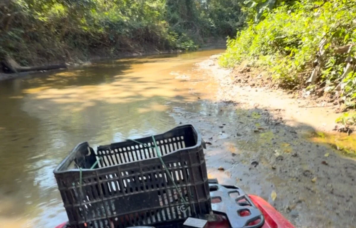 Homem atravessa o Rio Muru de quadriciclo no interior do Acre