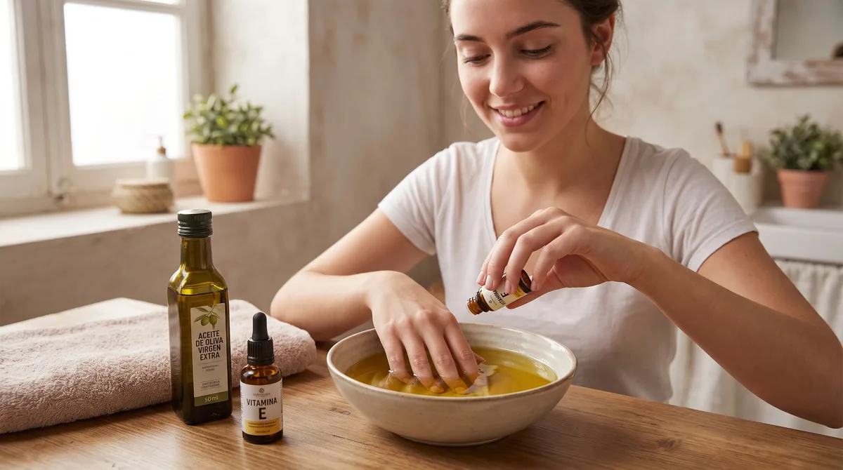 Uñas fuertes y brillantes con baño de aceite de oliva y vitamina E