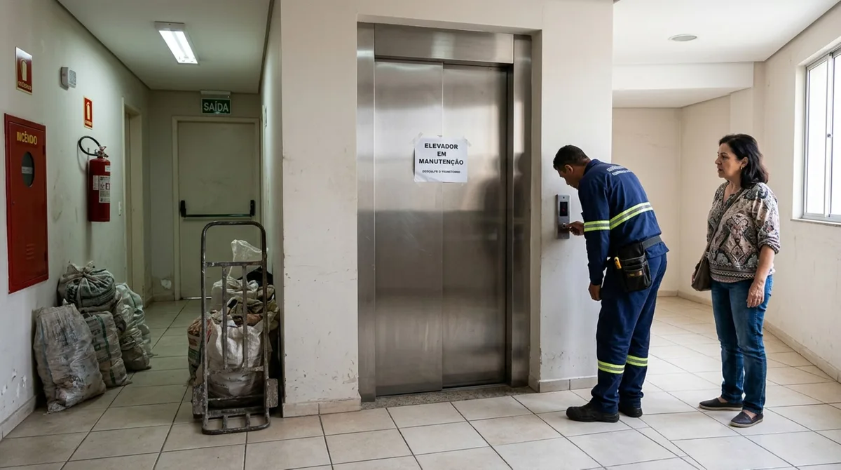 Proprietário reforma apartamento no décimo andar, elevador de serviço para de funcionar após o transporte de sacos de entulho e condomínio cobra o reparo integral, mas imagens mostram que outros moradores continuaram utilizando o equipamento depois da mudança