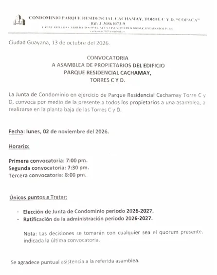 Convocatoria asamblea de propietarios Parque Residencial Cachamay