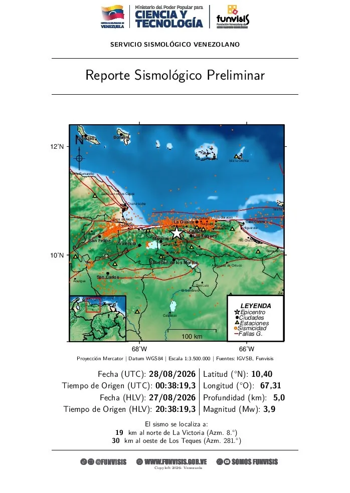 Funvisis reporta sismo de magnitud 3,9 en el centro-norte del país