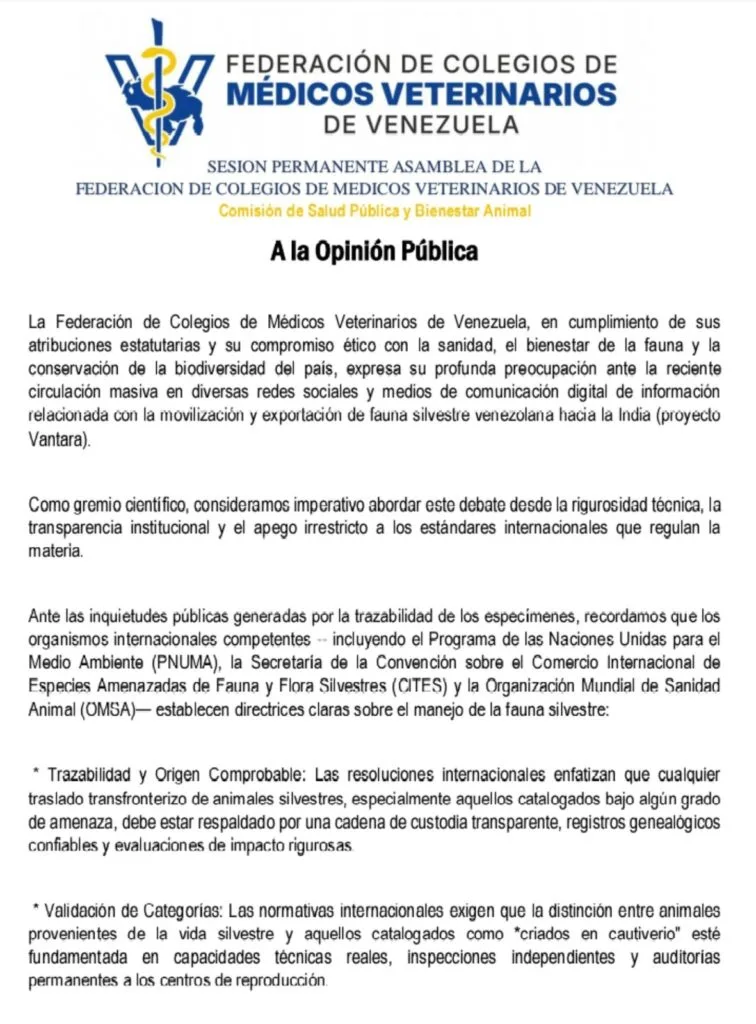 Colegio de Médicos Veterinarios de Venezuela pide transparencia ante traslado de fauna silvestre a la India