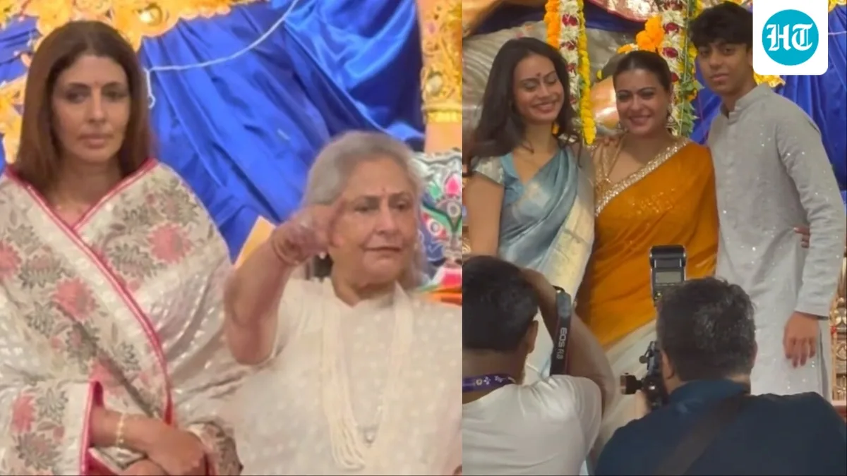 Jaya Bachchan hugs Kajol at Durga Puja pandal, arrives with daughter Shweta Bachchan as Nysa and Yug join celebrations