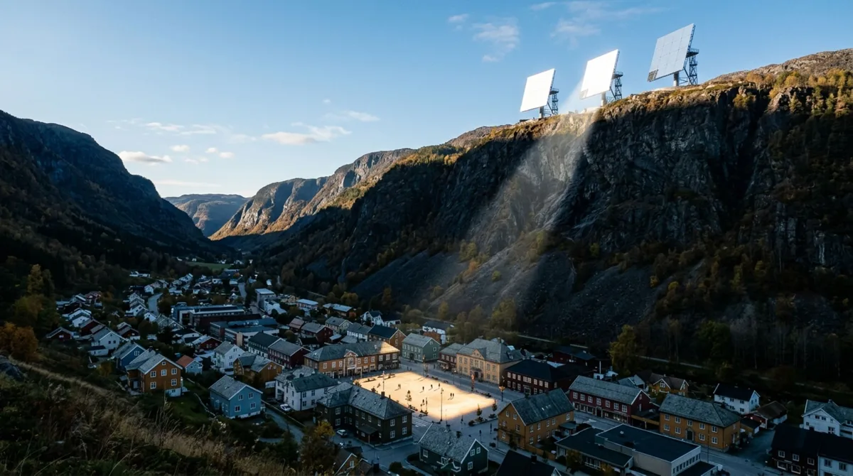 Uma cidade da Noruega passa quase seis meses sem receber Sol direto, então três espelhos instalados 450 metros acima da praça acompanham o céu por computador e devolvem uma área iluminada de cerca de 600 m² ao centro