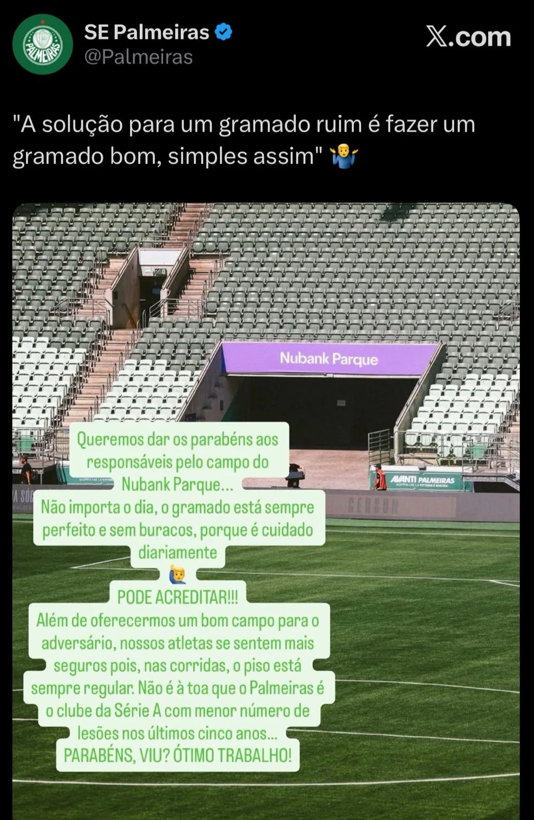 Palmeiras provoca Neymar e elogia gramado do Nubank Parque: "Sempre perfeito e sem buracos"