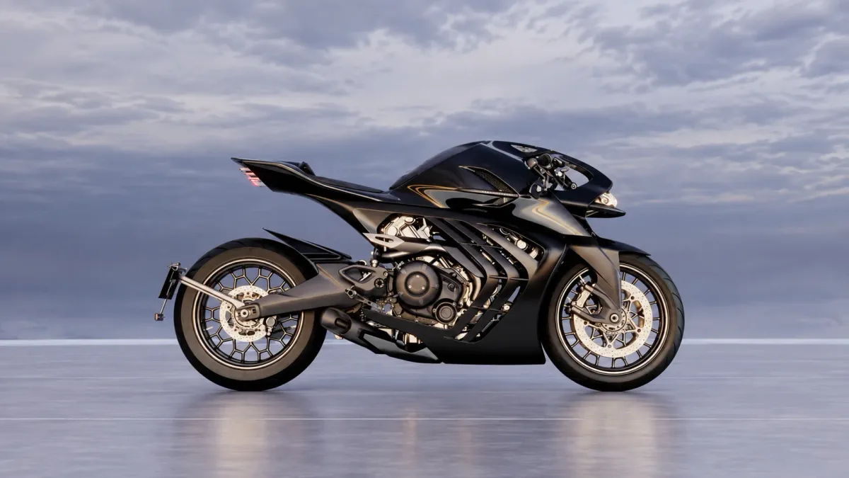 Primeira moto de rua da Aston Martin entrega 130 cv pesando 190 kg, tem tanque de fibra de carbono, suspensão dianteira Fior, quadro de titânio de apenas 5kg e produção limitada a 300 unidades para pilotos e colecionadores