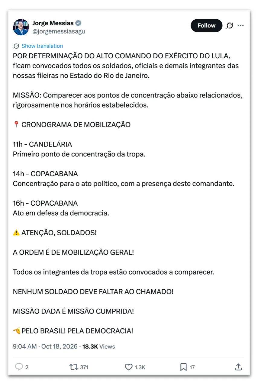 Messias convoca integrantes do Exército do Lula para atos no RJ