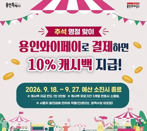 용인시, 추석 맞아 지역화폐 결제 시 특별 캐시백 10% 지급