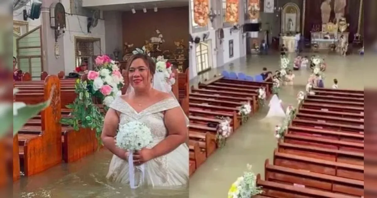 Em meio a enchentes, casal mantém cerimônia e celebra união em igreja alagada