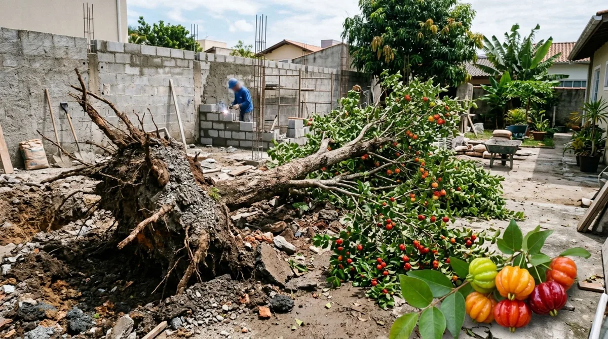 Morador retorna para casa e encontra pitangueira adulta arrancada durante obra do vizinho, ele questiona como calcular o prejuízo de uma árvore produtiva