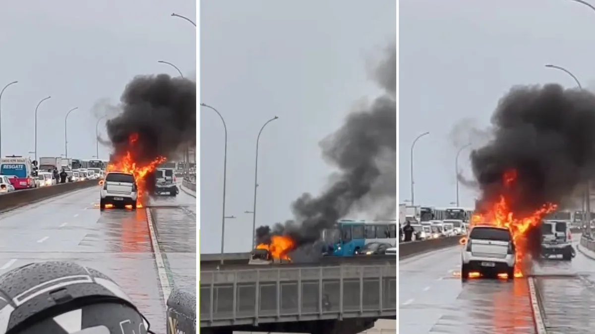 Carro pega fogo e interdita Terceira Ponte no sentido Vila Velha; veja VÍDEO