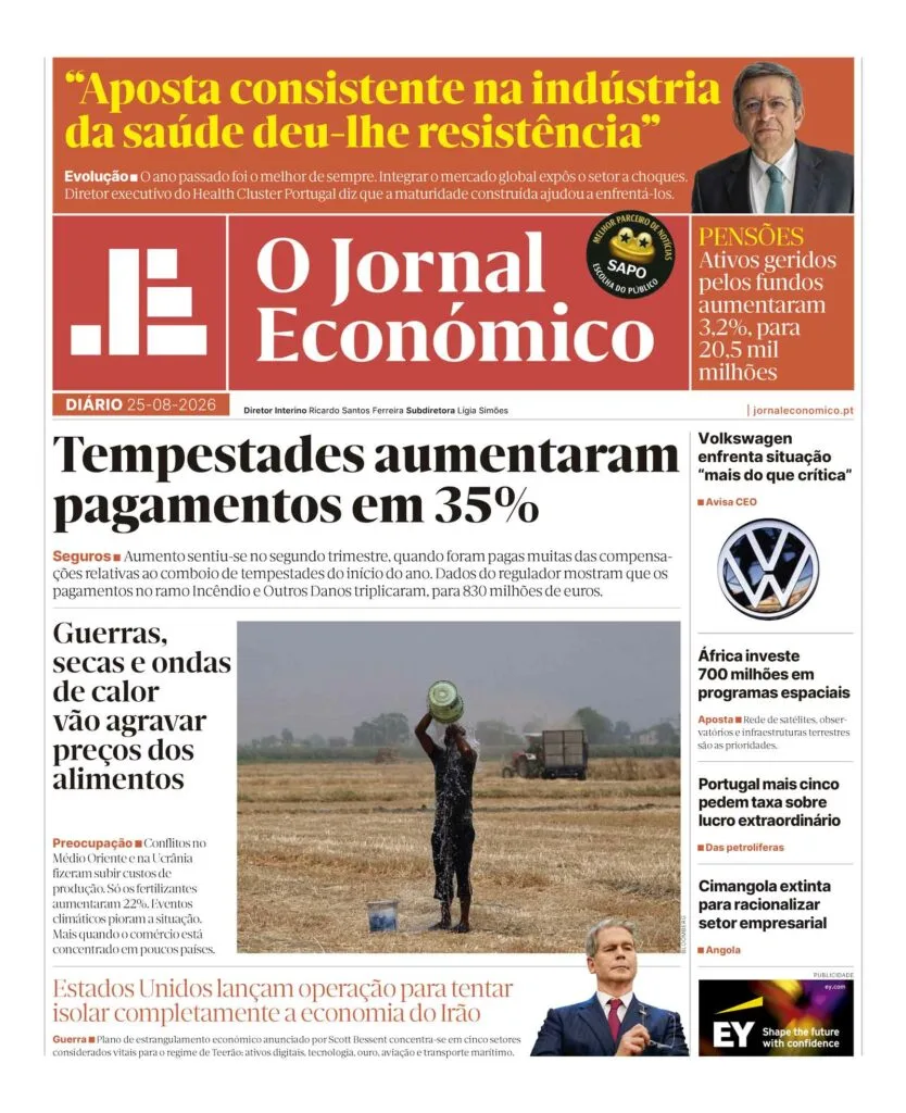 A primeira página do Jornal Económico de 25 de agosto