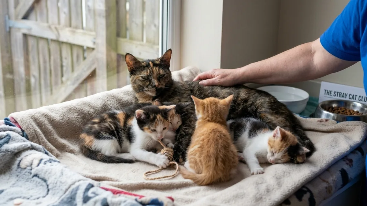 Essa mamãe Gato criou seus cinco filhotes recém-nascidos ao longo de uma cerca de jardim; agora ela está reescrevendo a história de toda uma família