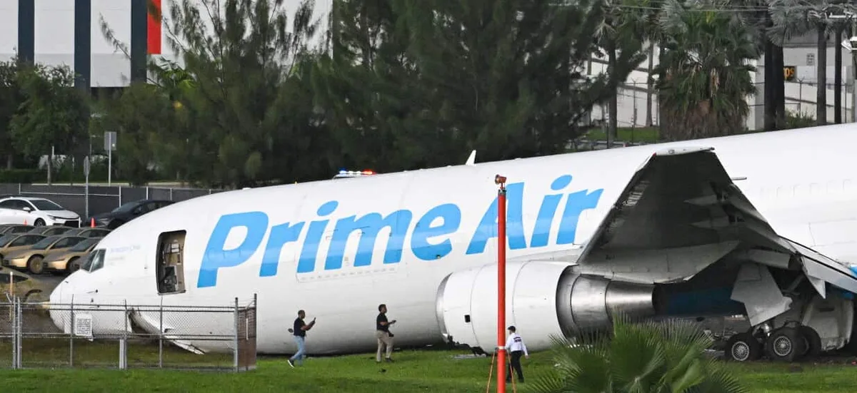 Five killed after Amazon cargo plane barrels off runway, hits vehicles